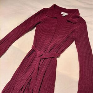 Long Maroon Open Tie Knit Sweater